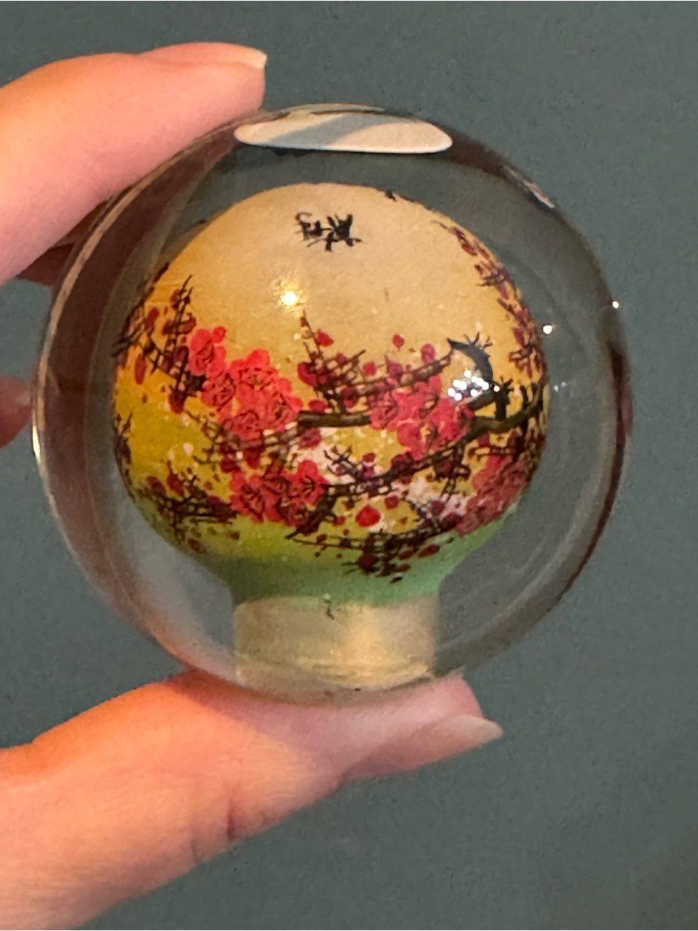 Chinese Cherry Blossoms Reverse Painted Sphere Paperweight